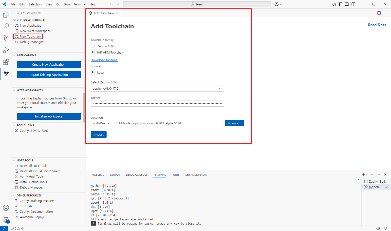 Zephyr IAR Toolchain Import